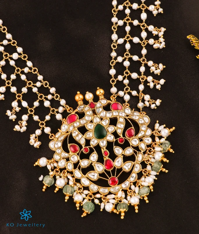 Custom Heart Pendant Necklace For Weddings-The Anira Silver Kundan Peacock Pearl Necklace