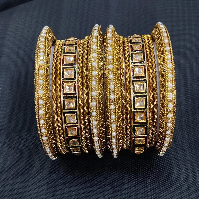 Simple Custom Wedding Bangles For Engagement Day Gifts-Pooja Bangles Gold Plated Crystal Stone And Pearl Bangles Set