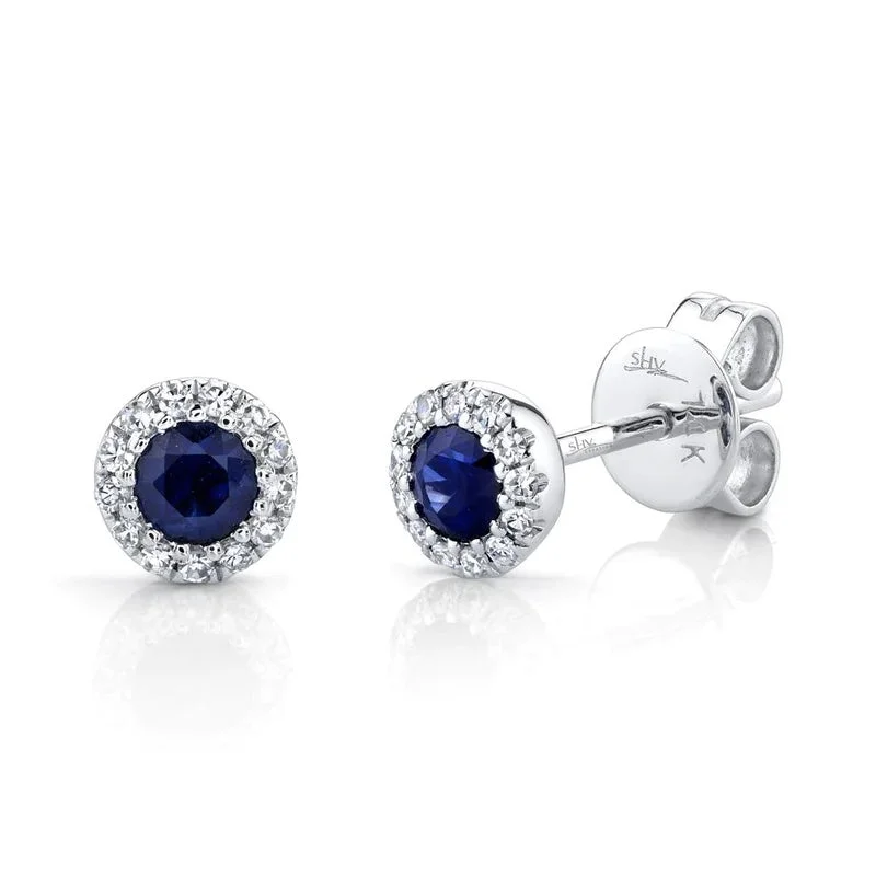 Handcrafted Silver Earrings For Unique Look-0.08ct Diamond & 0.28ct Blue Sapphire Stud Earring