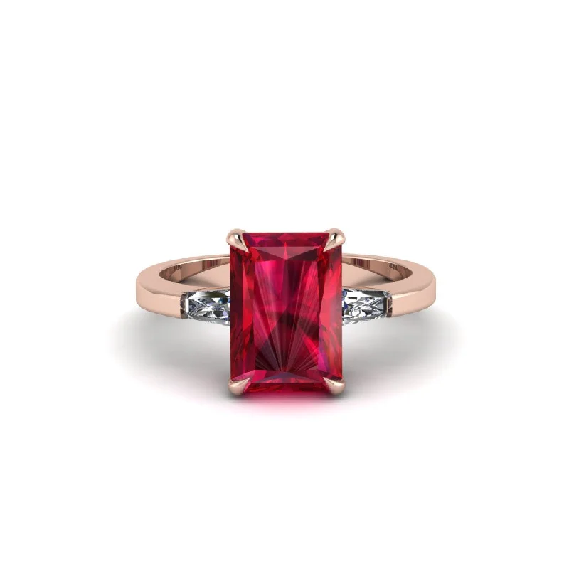 Elegant Custom Wedding Bands For Bridesmaids-Three Stone Radiant Cut Ruby Engagement Ring - Hillary No. 11