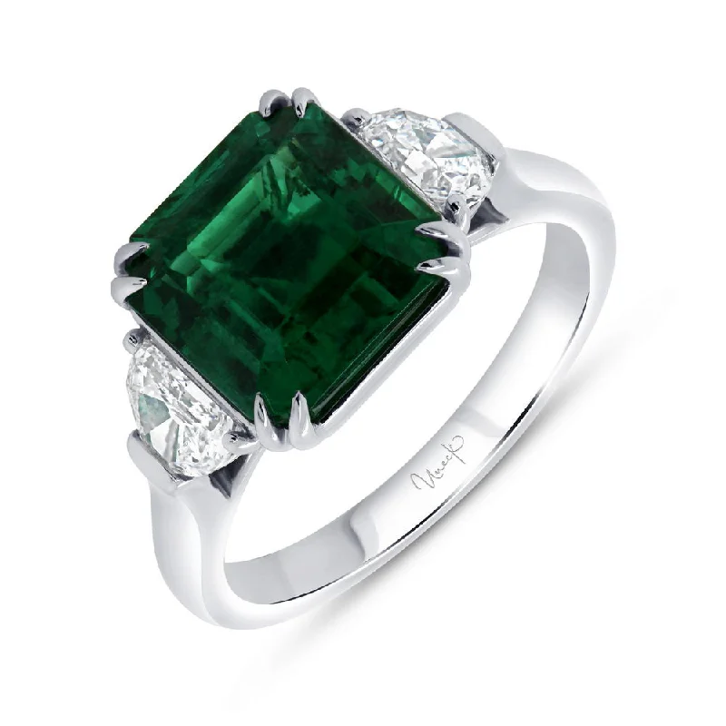 Unique Gemstone Wedding Rings For Bridesmaids-Uneek Precious Collection Three-Stone Emerald Cut Emerald Engagement Ring