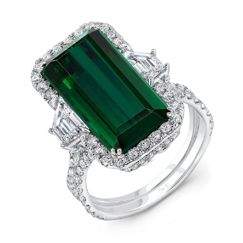 Elegant Wedding Bands For Custom Style-Uneek Precious Collection Halo Emerald Cut Green Tourmaline Engagement Ring