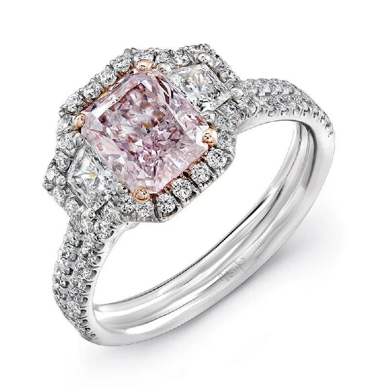 Custom Gemstone Rings For Wedding Day Gifts-Uneek Natureal Collection 3-Stone-Halo Radiant Pink Diamond Engagement Ring