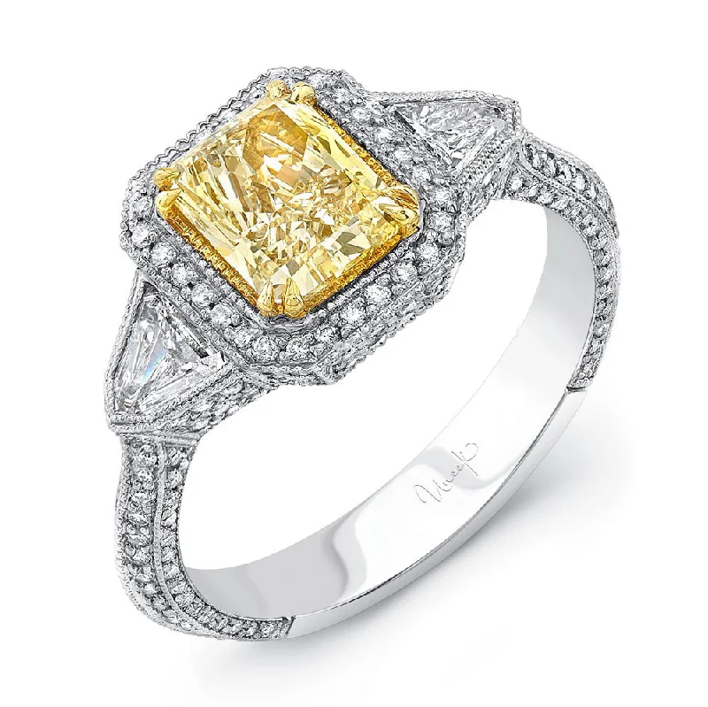 Simple Wedding Bands For Fashion-Forward Brides-Uneek Estate-Inspired Three-Stone Ring with Radiant-Cut Fancy Yellow Diamond Center and Shield-Cut Diamond Sidestones