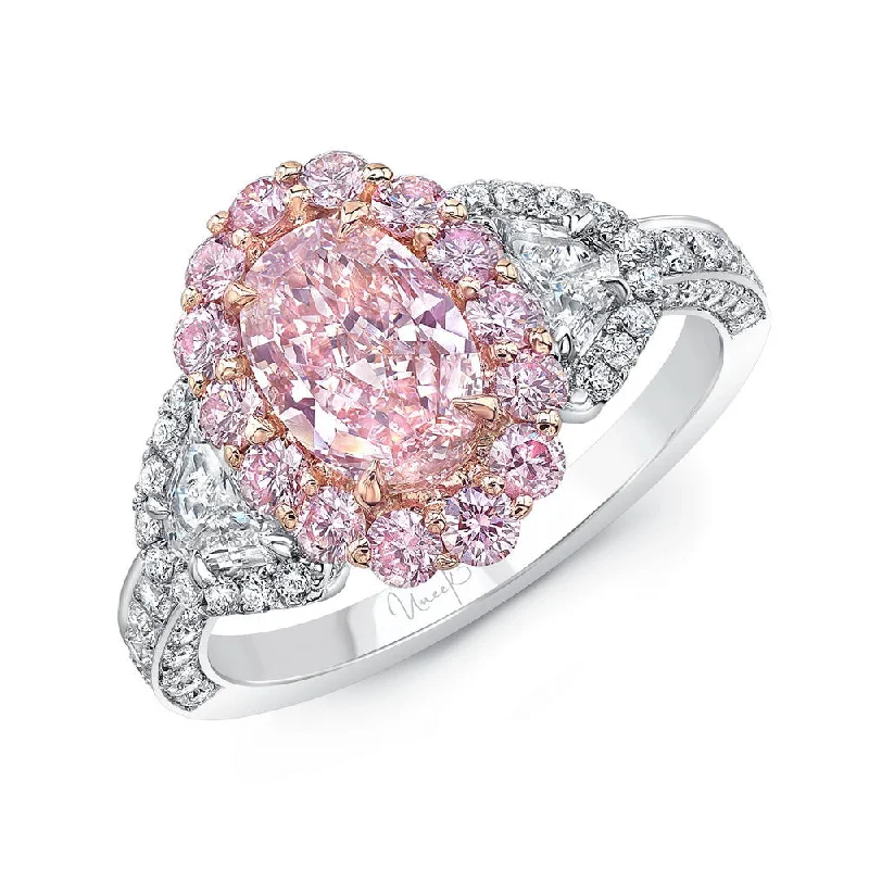 Sparkling Gemstone Engagement Rings For Bridesmaids-Uneek Oval Light Pink Diamond Engagement Ring SI2 GIA Certified with Pink Purple Diamonds, White Round and Half Moon Shaped Diamonds Side Stones