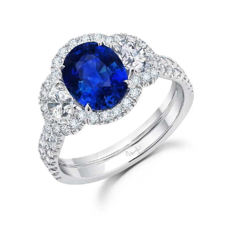 Luxury Wedding Rings With Gemstones For Brides-Uneek Precious Collection 3-Stone-Halo Oval Shaped Blue Sapphire Fashion Ring