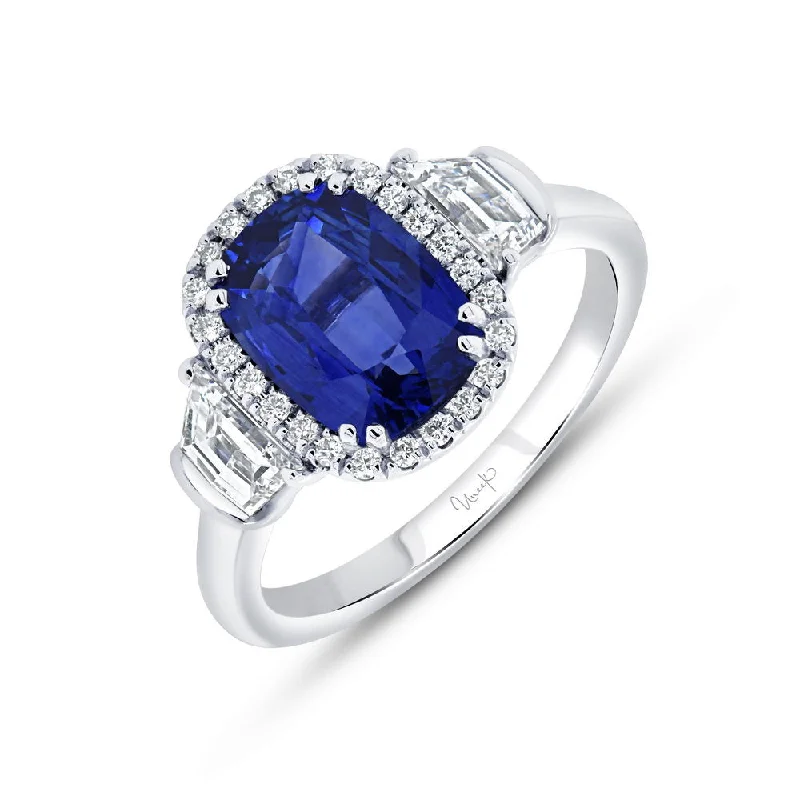 Sparkling Engagement Rings With Birthstones-Uneek Precious Collection Three-Stone Cushion Cut Blue Sapphire Engagement Ring