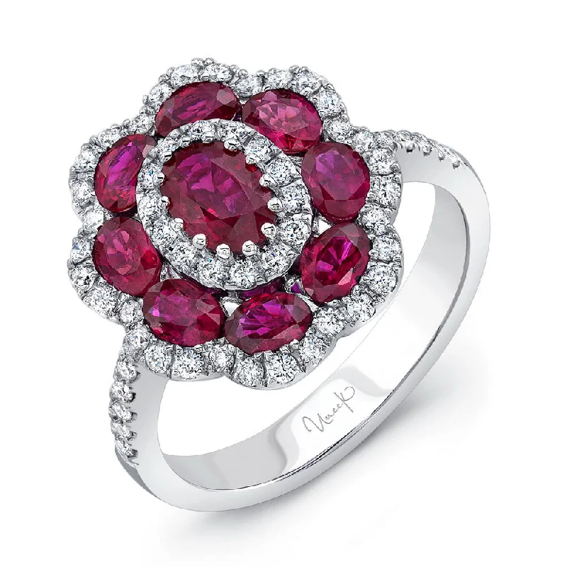 Elegant Custom Wedding Bands For Bridesmaids-Uneek Precious Collection Halo Oval Shaped Ruby Fashion Ring