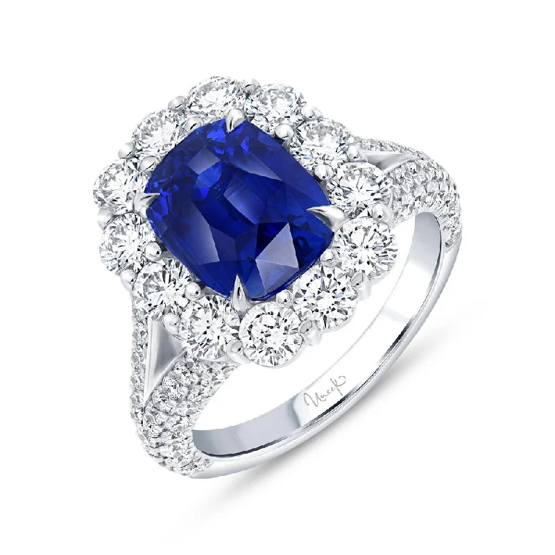 Simple Custom Wedding Rings For Elegant Couples-Uneek Precious Collection Halo Cushion Cut Blue Sapphire Engagement Ring