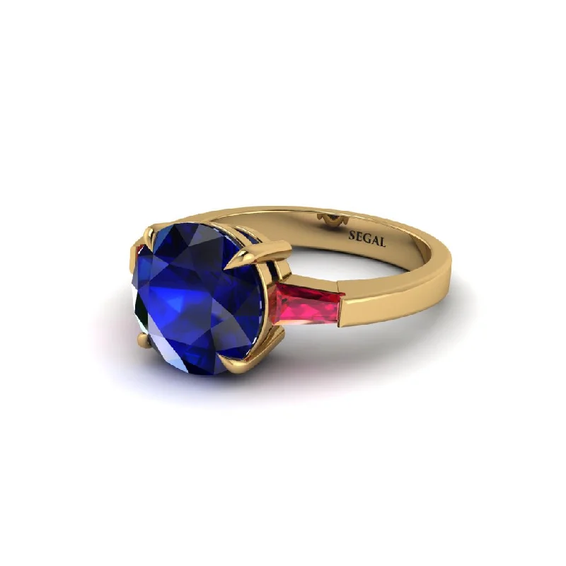 Simple Stacking Rings For Elegant Brides-3 Stone Round Cut Sapphire With 2 Baguettes Engagement Ring - Gwendolyn No. 58