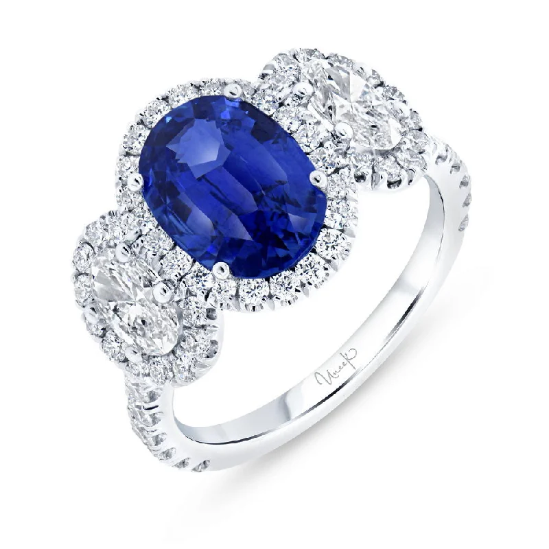 Trendy Men’s Wedding Rings For Modern Grooms-Uneek Precious Collection 3-Stone-Halo Oval Shaped Blue Sapphire Ring