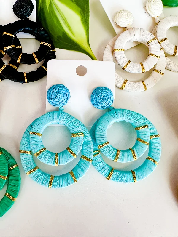 Handmade Drop Earrings For Wedding Day-Summer Blast Raffia Hoop Earrings- Turquoise