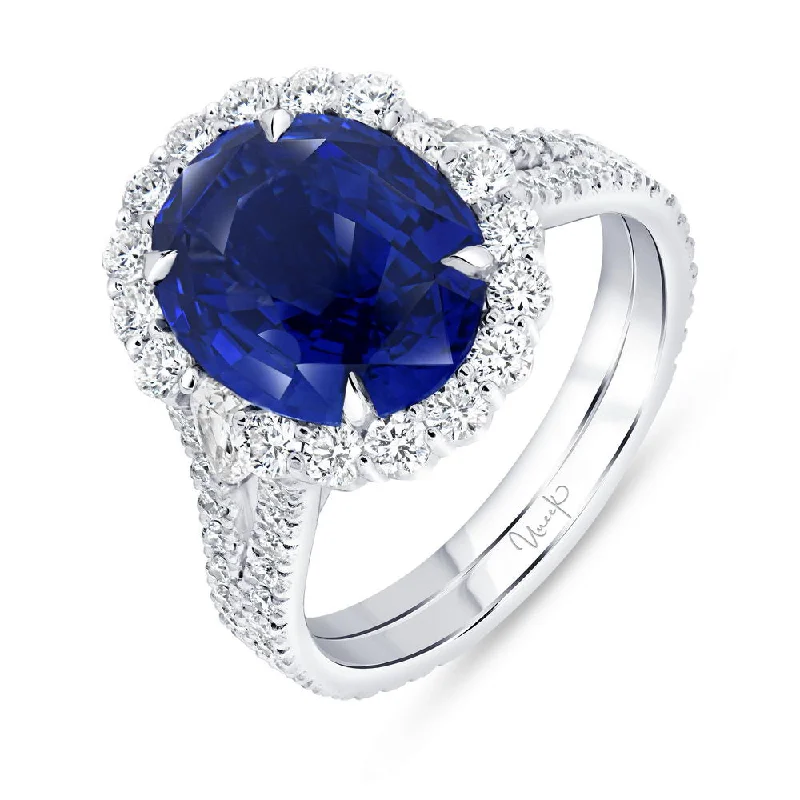 Personalized Custom Engagement Rings For Bridesmaids-Uneek Precious Collection Halo Oval Shaped Blue Sapphire Engagement Ring