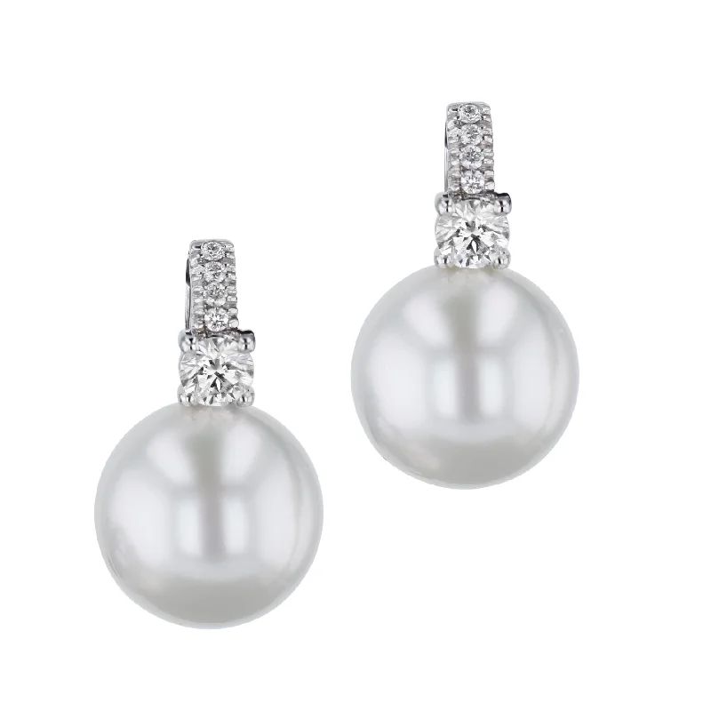 Trendy Earrings With Geometric Shapes-Pearl and Diamond White Gold Drop Earrings