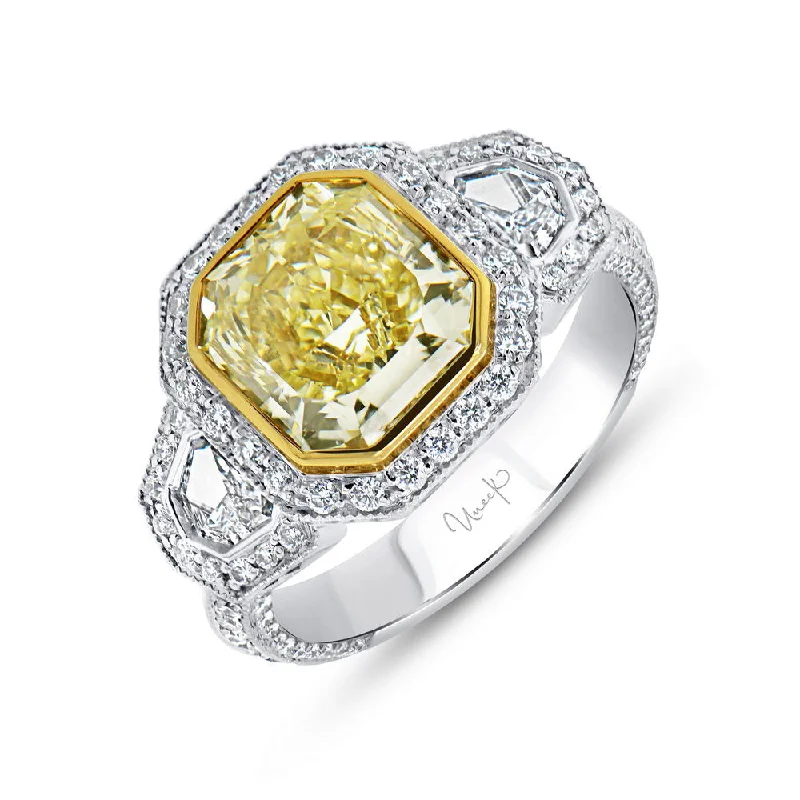 Trendy Gemstone Rings For Engagement Gifts-Uneek Natureal Collection 3-Stone-Halo Radiant Yellow Diamond Engagement Ring