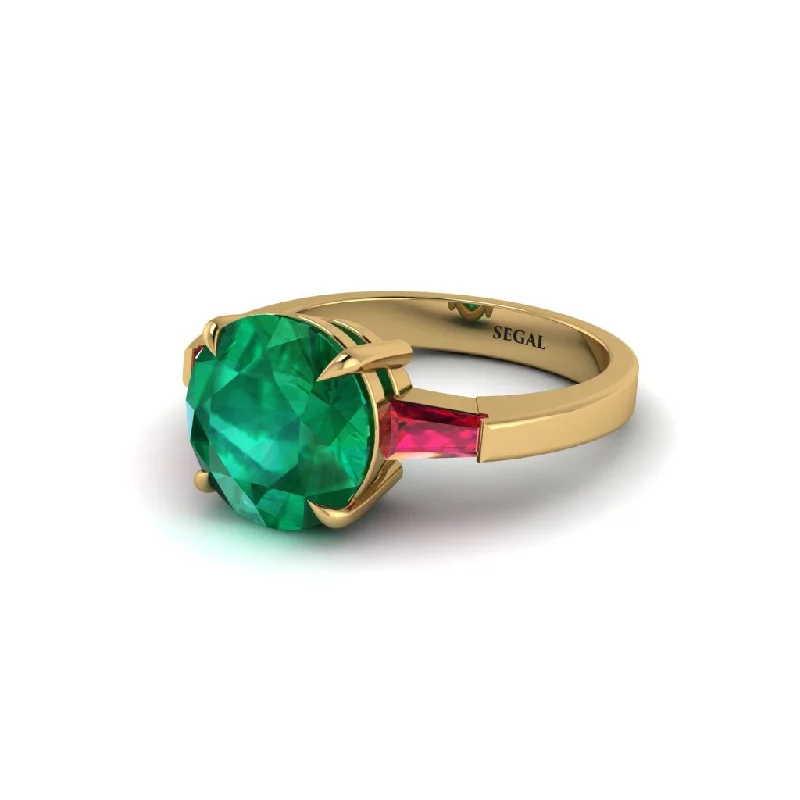 Trendy Gemstone Engagement Rings For Bridesmaids-3 Stone Round Cut Emerald With 2 Baguettes Engagement Ring - Gwendolyn No. 49