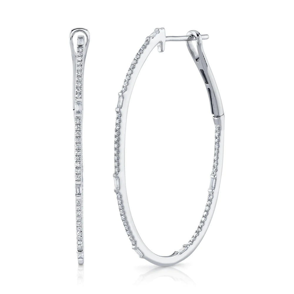 Trendy Crystal Earrings For Holiday Parties-White Gold Baguette Diamond Oval Hoop Earrings