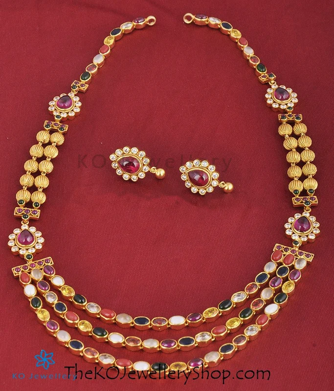 Unique Gold Necklace For Special Gifts-The Navarathnalu Silver Necklace(3 Layers)