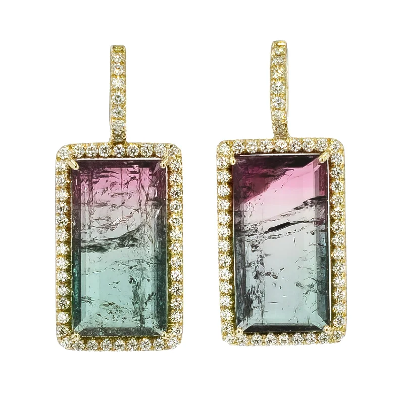 Handcrafted Wooden Earrings For Eco-Friendly Style-Bi-Color Tourmaline Yellow Gold Diamond Pave Drop Earrings