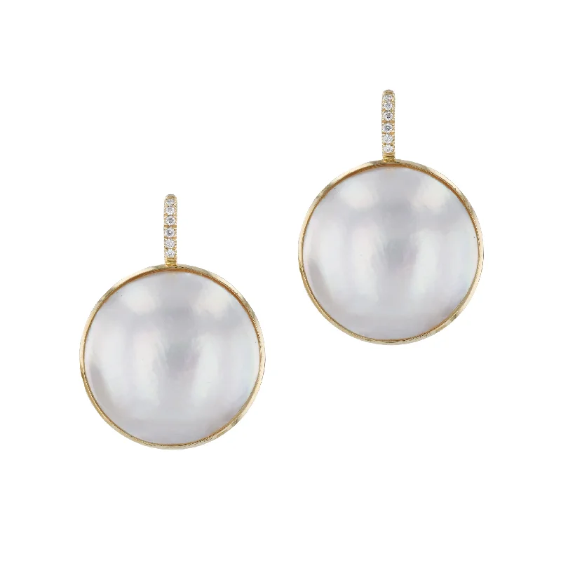 Sparkly Earrings For Holiday Gifts-Mobe Pearl Diamond Yellow Gold Drop Earrings