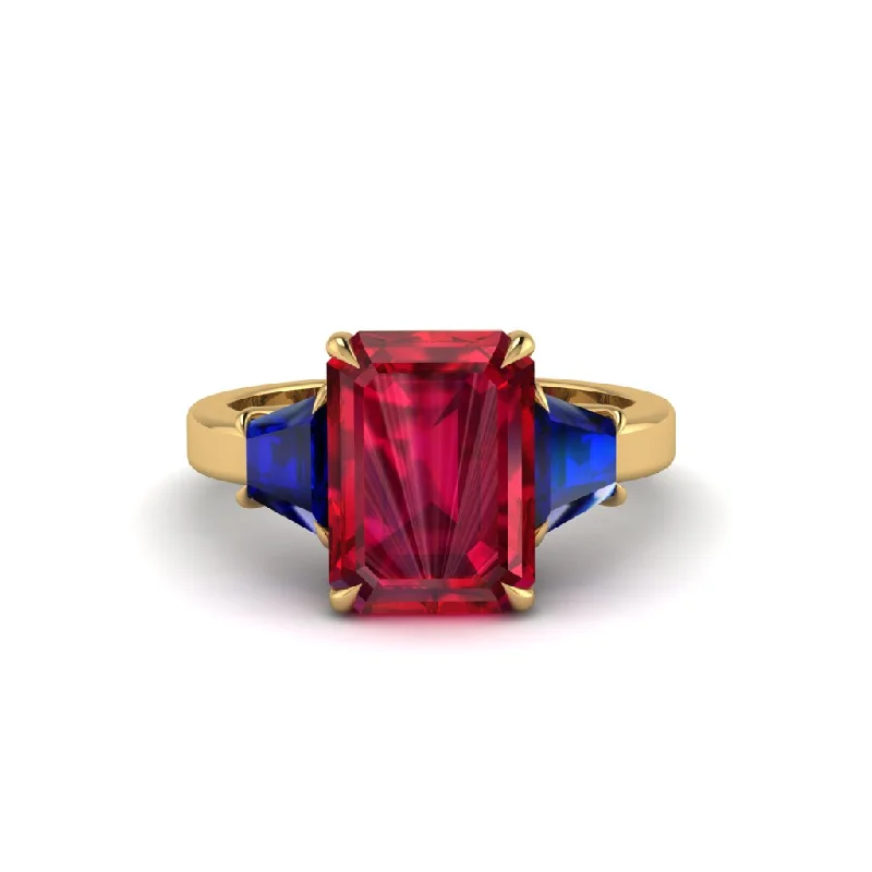 Trendy Engagement Rings For Fashion-Forward Brides-Ruby Emerald Cut Three Stone Ring With Custom Baguette - Yvette No. 70