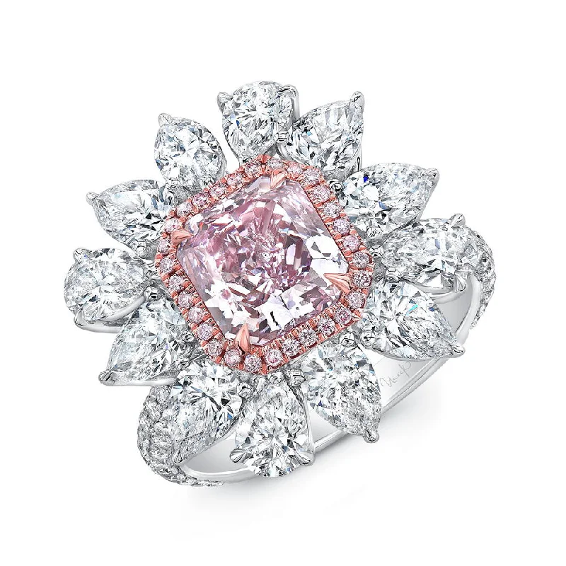 Simple Custom Engagement Rings For Bridesmaids-Uneek Radiant Cut Pink Purple Diamond Engagement Ring GIA Certified in a Flower Design with Pear Shaped Diamonds, Pink and White Round Diamonds Side Stones