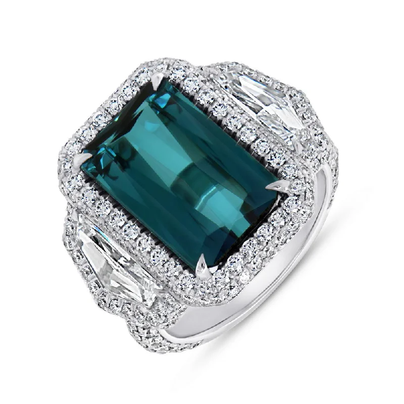 Unique Engagement Rings With Colored Diamonds-Uneek Precious Collection Three-Stone Emerald Cut Green Tourmaline Engagement Ring