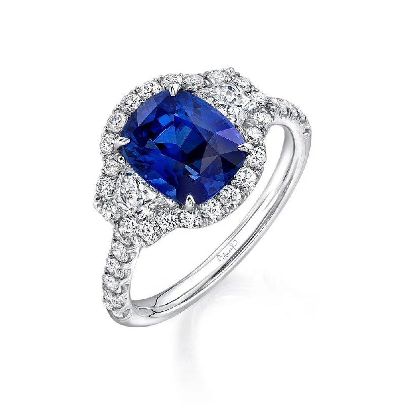 Custom Titanium Engagement Rings For Modern Brides-Uneek Sapphire-and-Diamond Three-Stone Engagement Ring with Pave Halo