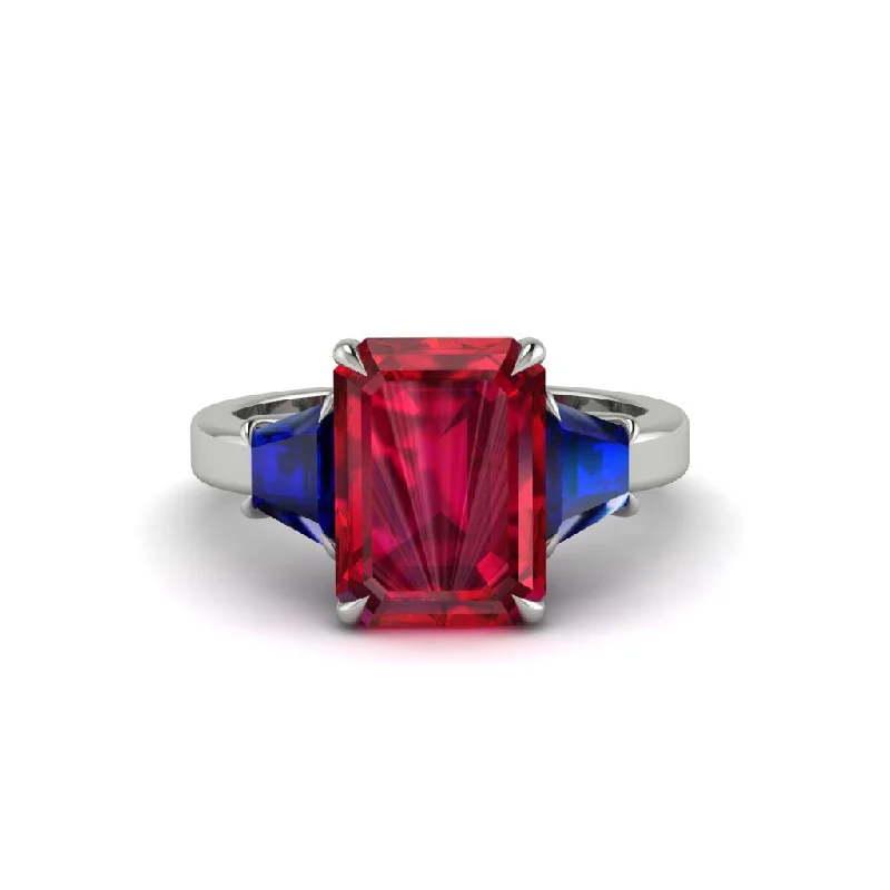 Sparkling Gold Rings For Wedding Day-Ruby Emerald Cut Three Stone Ring With Custom Baguette - Yvette No. 72