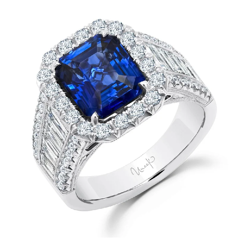 Trendy Engagement Rings With Custom Designs-Uneek Precious Collection Halo Cushion Cut Blue Sapphire Engagement Ring