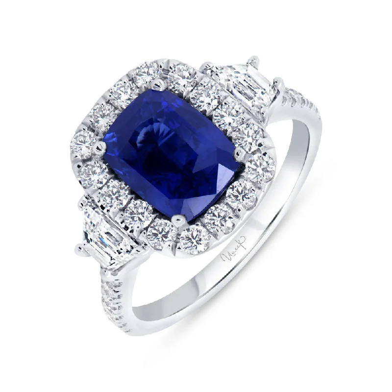 Trendy Custom Wedding Bands For Modern Couples-Uneek Precious Collection 3-Stone-Halo Cushion Cut Blue Sapphire Engagement Ring