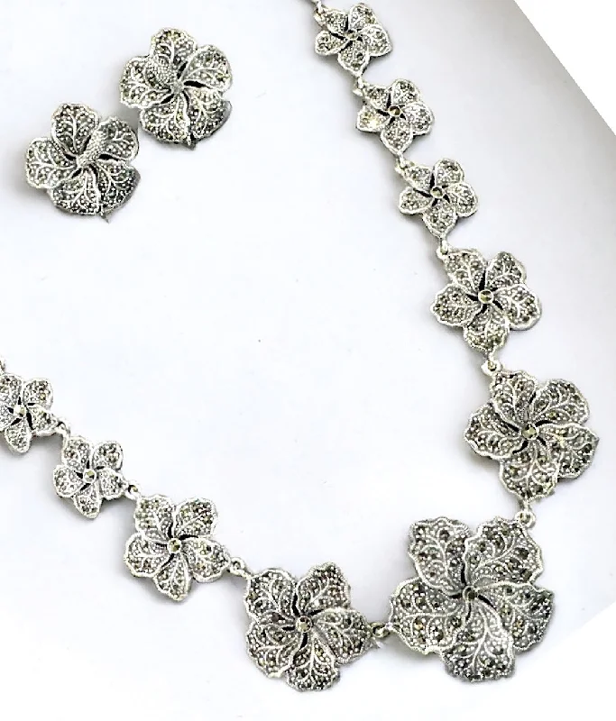 Custom Gemstone Necklace For Bridal Gifts-The Fragipani Silver Marcasite Necklace & Earrings