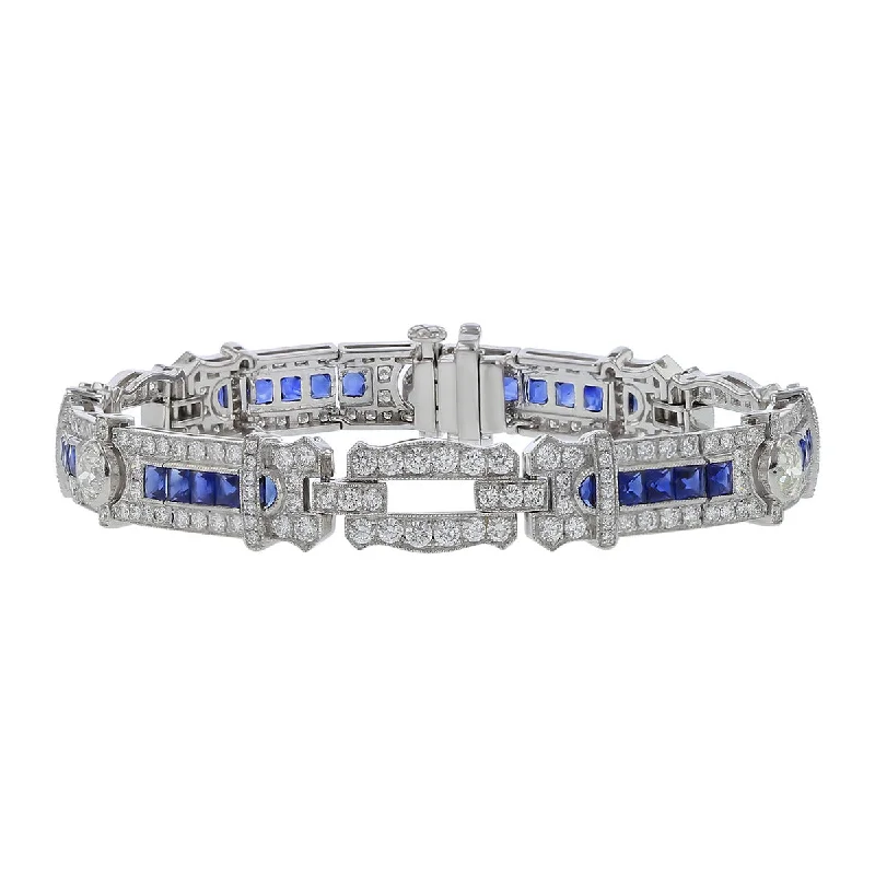 Colorful Bangles And Bracelets-Platinum French-cut Sapphire and Diamond Bracelet