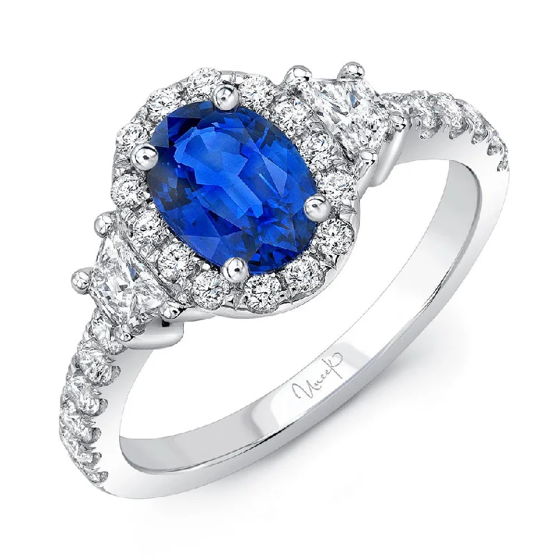 Trendy Wedding Bands For Timeless Weddings-Uneek Contemporary Oval Blue Sapphire-Center Three-Stone Engagement Ring