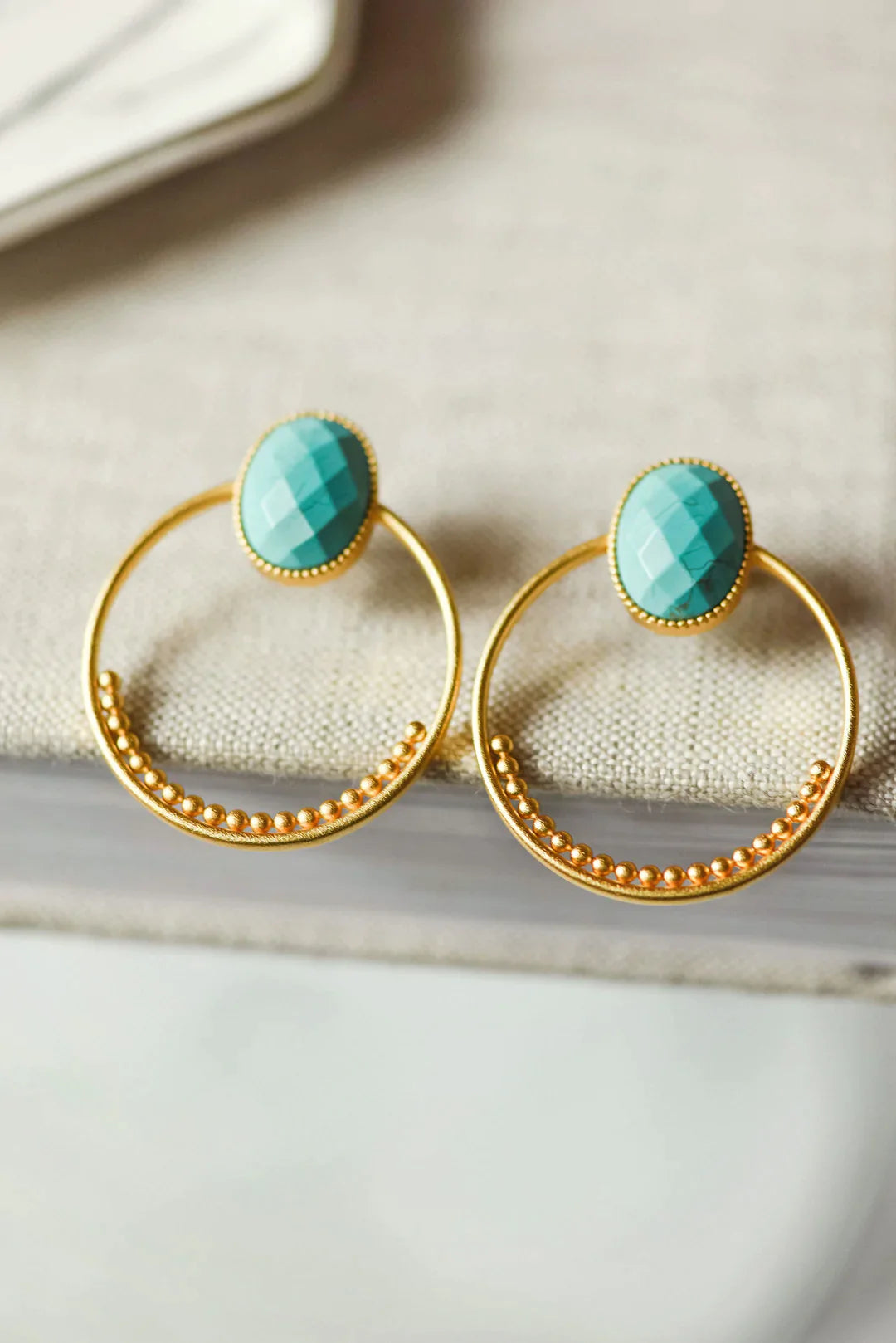 Gold Earrings With Pearls For Weddings-Tatum James- Melissa Forward Facing Hoop- Natural Turquoise