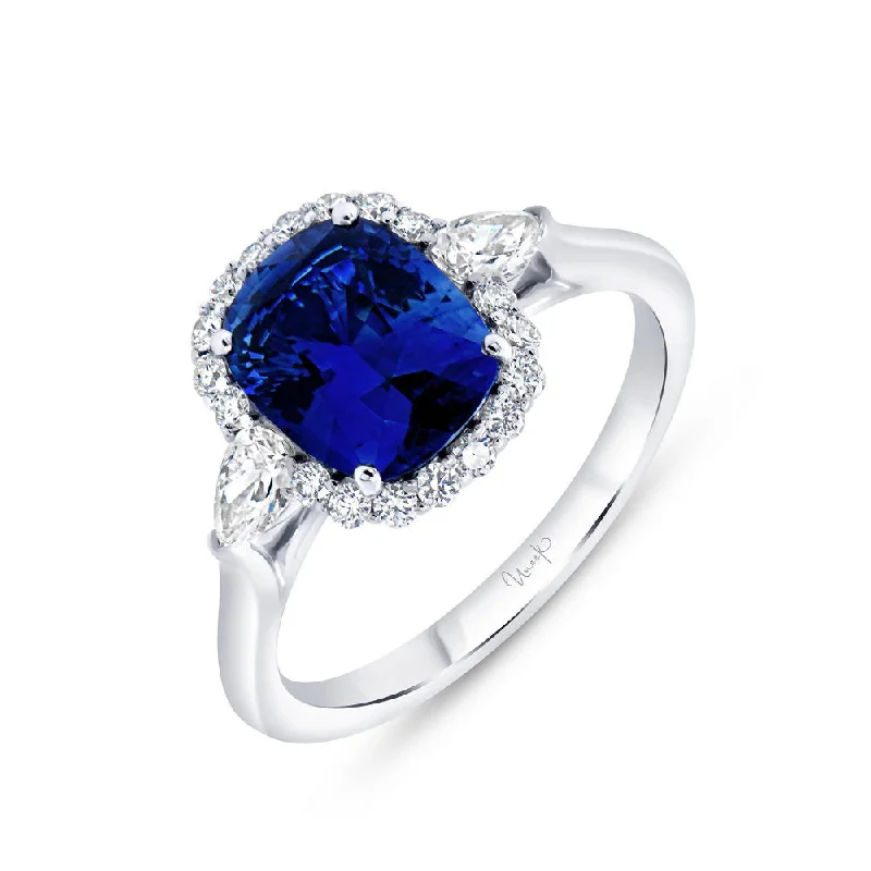 Sparkling Gold Rings For Wedding Day-Uneek Precious Collection 3-Stone-Halo Cushion Cut Blue Sapphire Engagement Ring