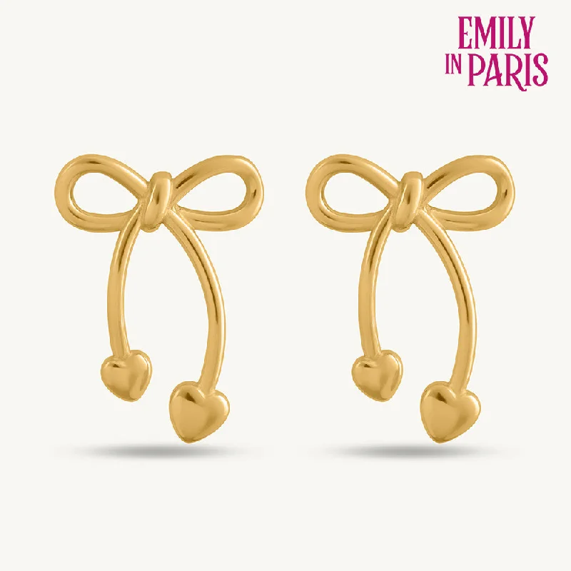 Chic Gold Earrings For Formal Occasions-Unique Gold Bow & Heart Drop Earrings