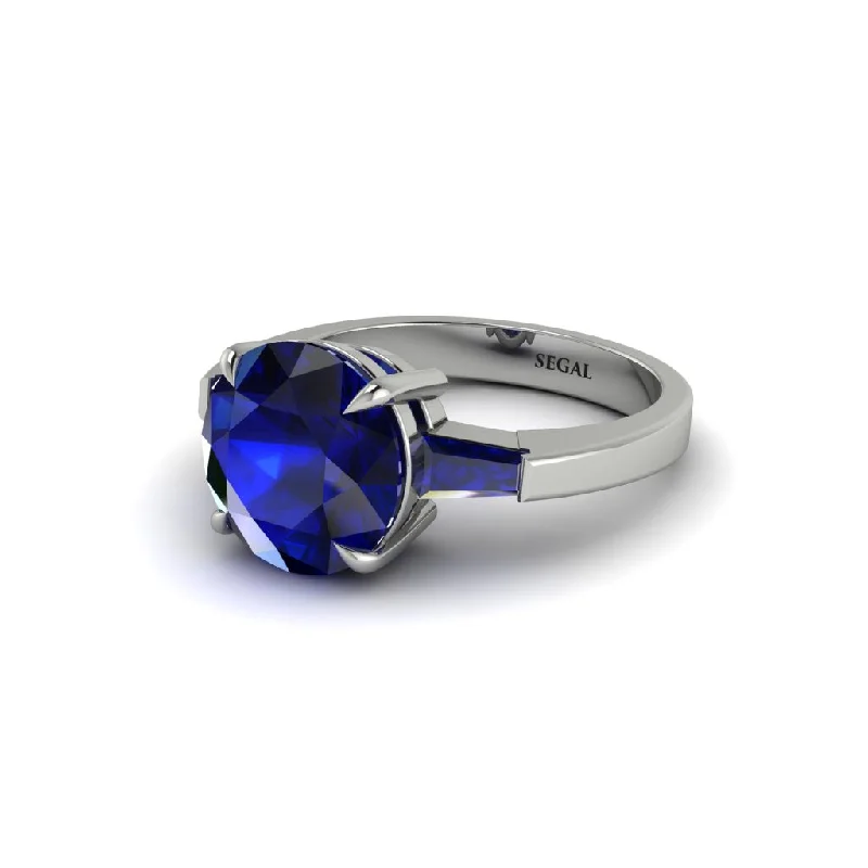 Unique Engagement Rings With Colored Diamonds-3 Stone Round Cut Sapphire With 2 Baguettes Engagement Ring - Gwendolyn No. 75