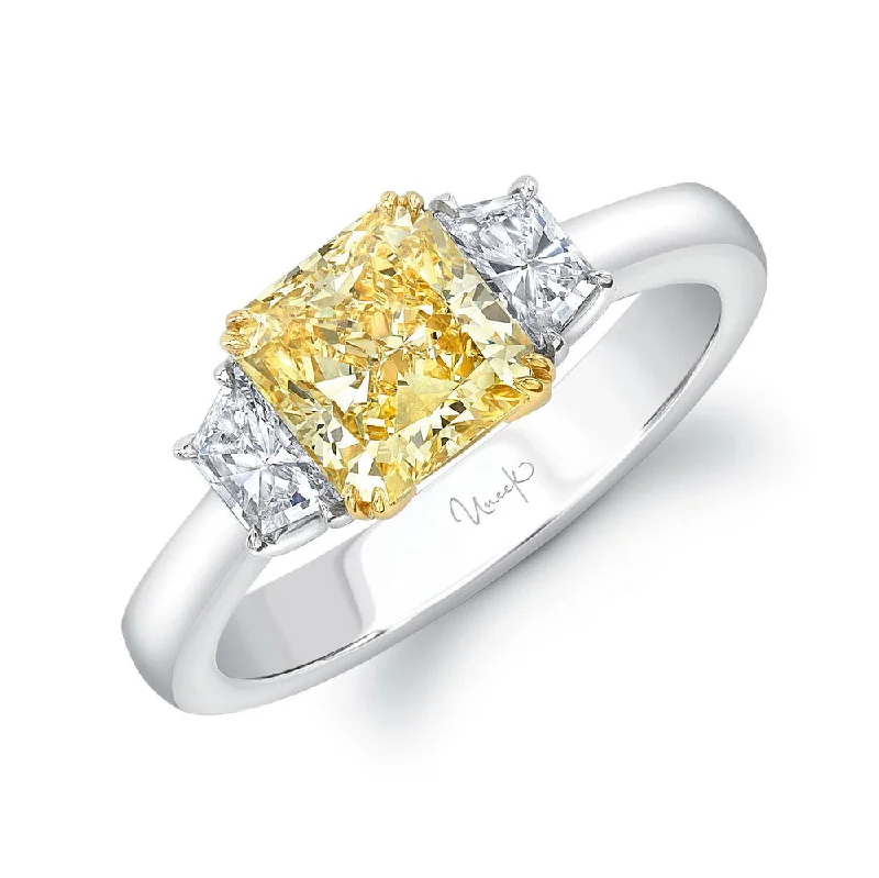 Simple Wedding Bands For Bridesmaids-Uneek Natureal Collection Three-Stone Cushion Cut Yellow Diamond Engagement Ring