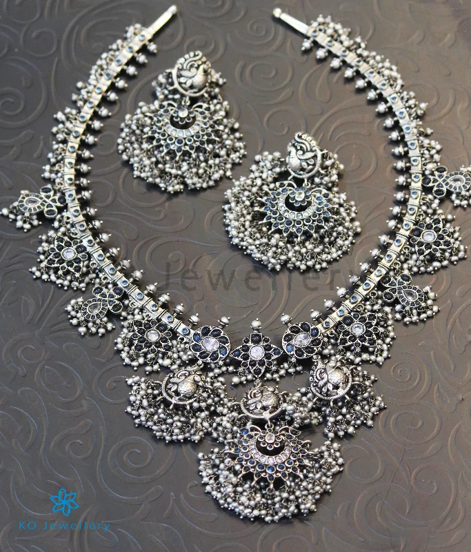 Elegant Long Necklace For Day Wear-The Marala Silver Guttapusalu Necklace (Oxidised/Blue)