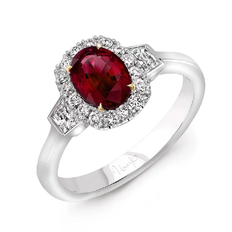 Custom Diamond Engagement Rings For Brides-Uneek Oval Ruby and Trapezoid Diamond Three-Stone Ring