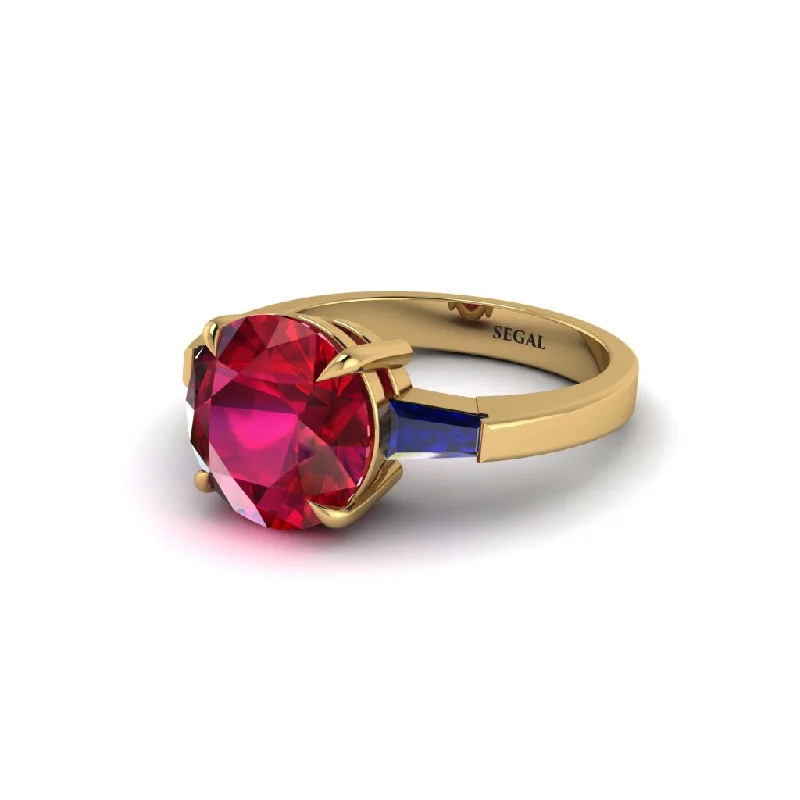 Unique Gemstone Engagement Rings For Wedding Day-3 Stone Round Cut Ruby With 2 Baguettes Engagement Ring - Gwendolyn No. 70