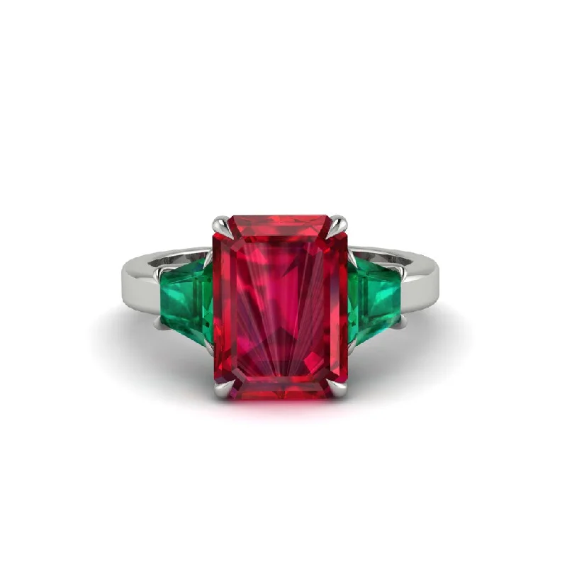 Classic Wedding Rings With Emerald Stones For Brides-Ruby Emerald Cut Three Stone Ring With Custom Baguette - Yvette No. 27