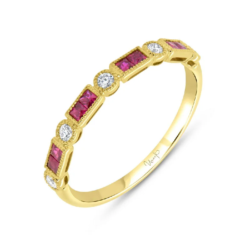 Sparkling Wedding Bands For Grooms-Uneek Precious Collection 1-Row Princess Cut Ruby Fashion Ring