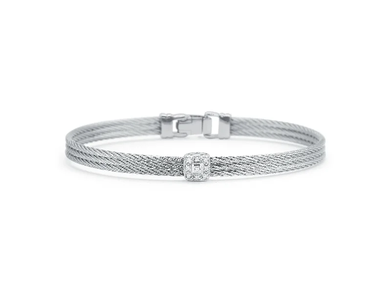 Handcrafted Braided Leather Bracelets-ALOR Grey Cable Classic Stackable Bracelet with Single Square Station set in 18kt White Gold