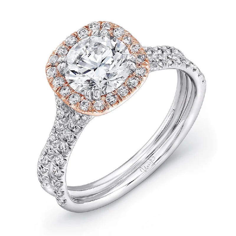 Luxury Engagement Rings With Diamonds For Brides-Uneek Round Diamond Engagement Ring with Cushion-Shaped Halo and Pave Double Shank