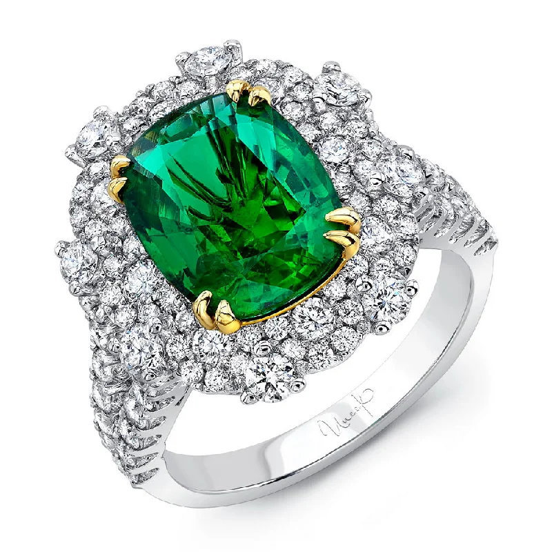 Personalized Gemstone Rings For Custom Gifts-Uneek Cushion-Cut Emerald Halo Cocktail Ring