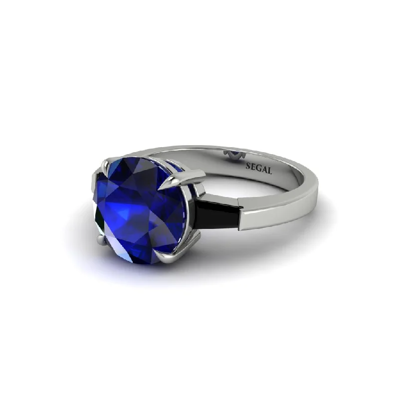 Elegant Custom Rings For Bridal Jewelry-3 Stone Round Cut Sapphire With 2 Baguettes Engagement Ring - Gwendolyn No. 45