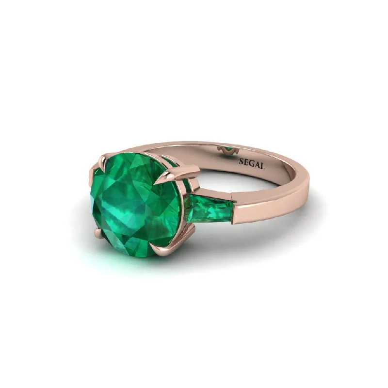 Personalized Birthstone Rings For Wedding Day-3 Stone Round Cut Emerald With 2 Baguettes Engagement Ring - Gwendolyn No. 20