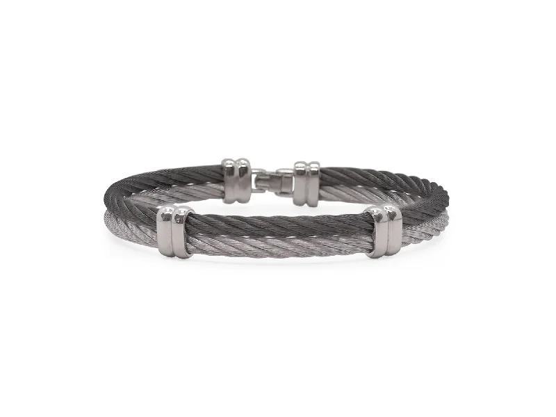 Custom Silver Bracelets For Kids-ALOR Men’s Black & Grey Cable Double Station Bracelet